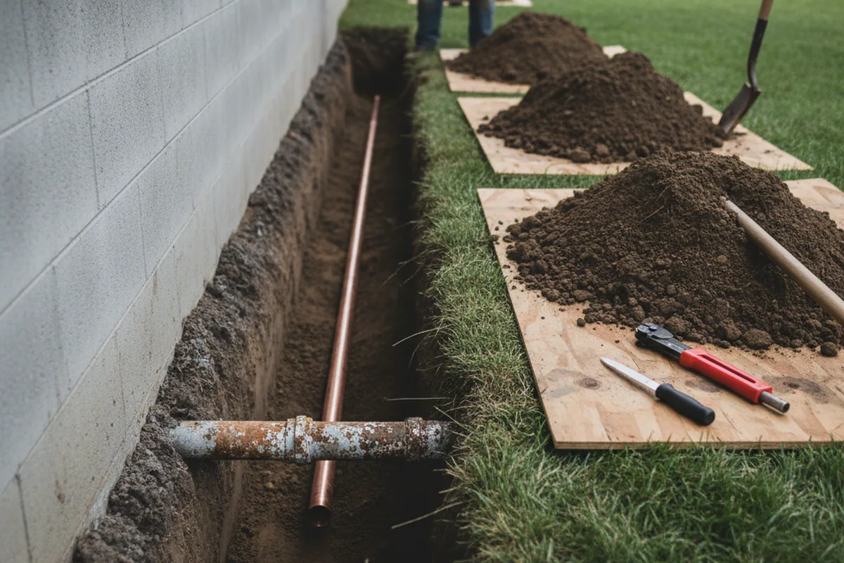 Excavated water line trench during Sewer Line Repair in Kittery Point